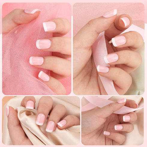 Yokilly Natural French Acrylic False Nails Kit, 12 Different Size Short Press on Nails, Pink White Tips, 120 Pcs