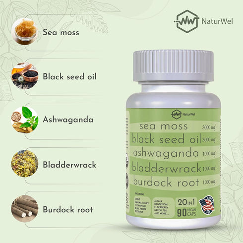 Black Seed Oil 3000mg Sea Moss 3000mg Ashwagandha 1000mg Turmeric 1000mg & Elderberry Manuka (90 Capsules Pack of 1)