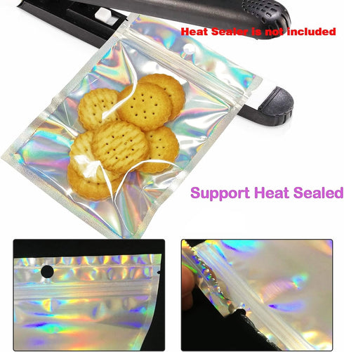 100 Pcs Holographic Resealable Packaging Bags, Cute Smell Proof Foil Pouch for Small Business Supplies, 4x6 inch