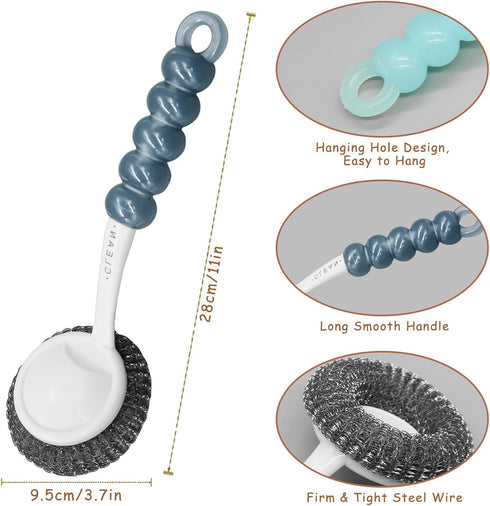 Stainless Steel Scrubber Dish Brush with Handle, Metal Scrubbers for Cleaning Dishes, Pots, Pans, Grills, Sinks
