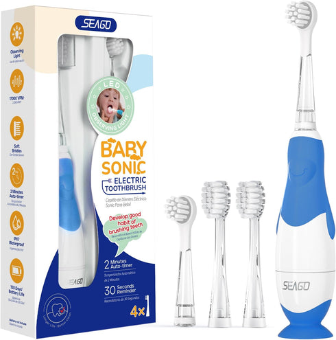 SEAGO Toddler Electric Toothbrushes, Ages 0-3 Years, with Smart Timer, 4 Replacement Brushheads