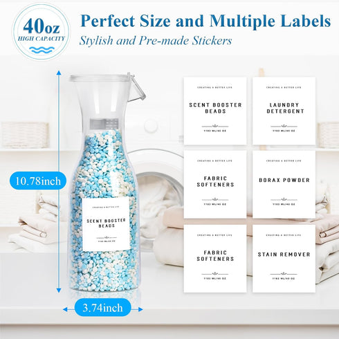 Laundry Detergent Dispenser Bottle, 40oz, Waterproof Label for Soap, Fabric Softener, 2 Pack White
