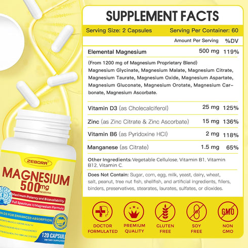 Magnesium Complex Supplement 500mg, 10 in 1 - Magnesium Glycinate, Citrate, Malate, Plus More with Vitamin D3 & Zinc