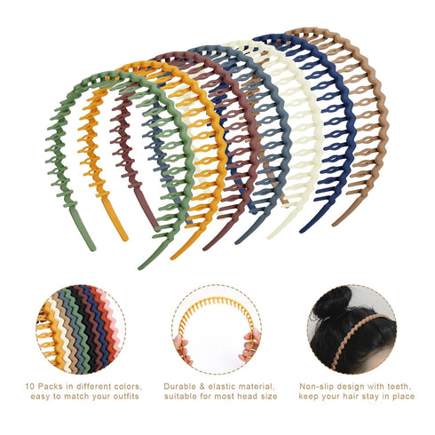 WOVOWOVO 10 Packs Plastic Hair Bands with Teeth, Thin Non-Slip Headbands for Women Girls Teens
