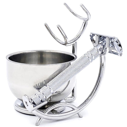 SANWA Grooming Shaving Kit for Men - Razor and Brush Stand with Stainless Steel Shaving Soap Bowl
