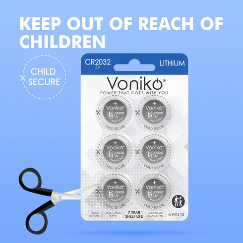 Voniko CR2032 3V 5 Pack 7 Lithium Batteries for Child Safety, Compatible with AirTag, Key Fobs, Thermometers, Scales