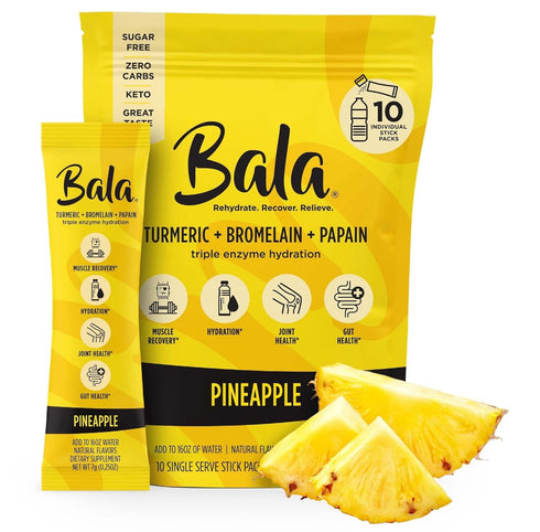 Bala Enzyme Hydration & Sugar-Free Drink Mix - Turmeric, Bromelain, Papain, Immunity, Mobility - Pineapple (10 Count)