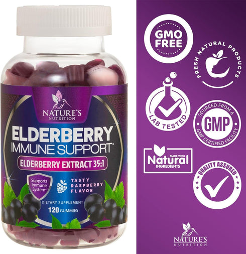 Sambucus Elderberry Gummies for Adults, Teens & Kids - 120 Count, Super Concentrated 35:1 Extract, Daily Immune Support
