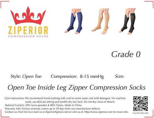 Ziperior 8-15 mmHg 0 3X-Large) Compression Grade Calf Inside Leg Zipper Open Toe Socks (Black