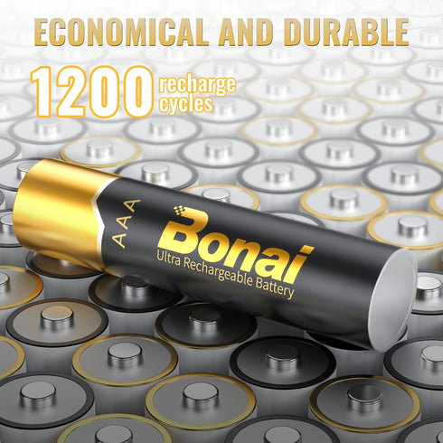 BONAI Gold Top Rechargeable AAA Batteries, 12 Count, High Capacity 1100mAh NiMH, Low Self-Discharge