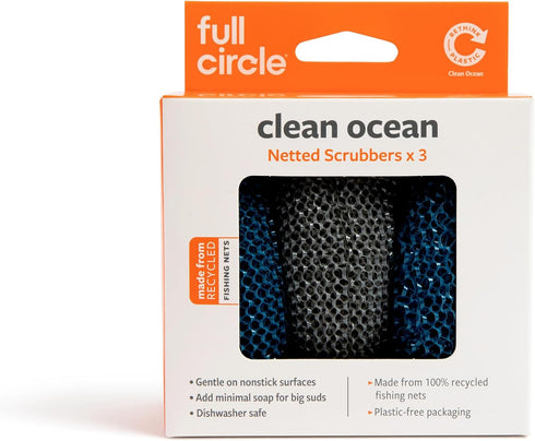 Full Circle Clean Ocean Netted Scrubbers - Set of 3 Dish Scrubbers. Non-Stick Safe. Quick Drying. Odor Resistant. Made out of 100% Recycled Fishing Nets. Dishwasher Safe