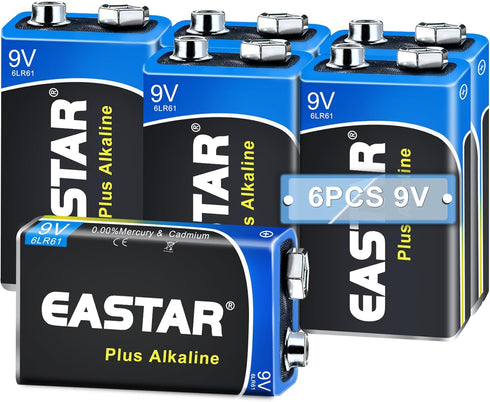 9V Batteries - Alkaline 9 Volt Batteries (6 Pack) for Smoke Detectors, Long-Lasting Power for Low Drain Devices