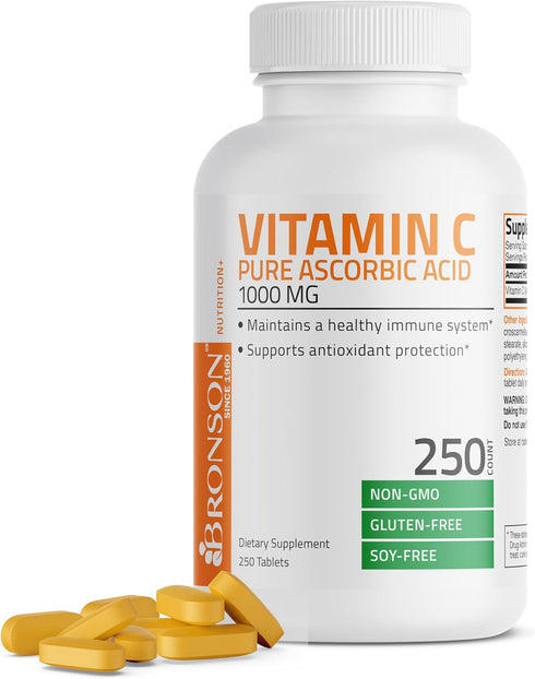 Vitamin C 1000 mg Premium Non-GMO Ascorbic Acid - 250 Tablets for Immune System Support