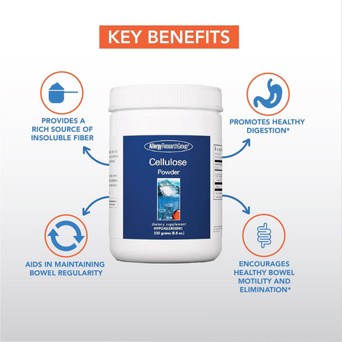 Allergy Research Group Cellulose Powder - Microcrystalline Cellulose Powder, 2000mg Insoluble Fiber Supplement, Powdered Cellulose, Non-Fermentable, Hypoallergenic - 8.8 Oz