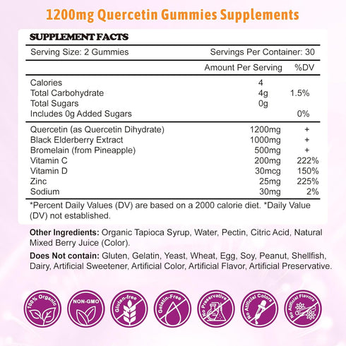 Quercetin Gummies | Organic Supplement with Vitamin C, Zinc, Bromelain & Elderberry for Immune Support