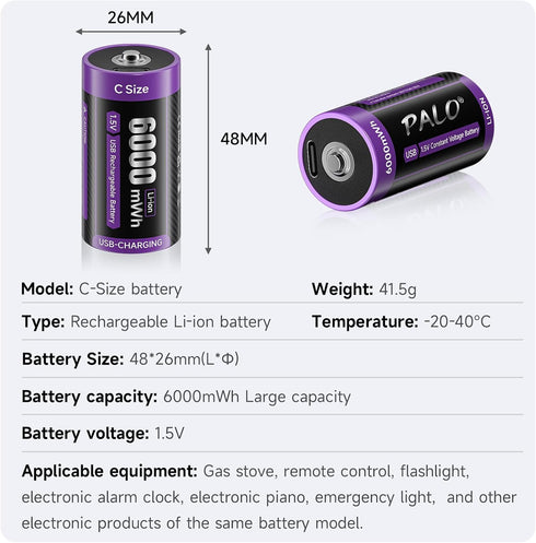 Mspalocell 2 Pack, 1.5V 6000 2 1 Rechargeable C Lithium Batteries Li-ion mWh C Cell Batteries with in Type-C Charging