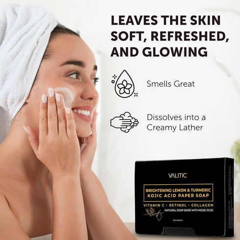 VALITIC Brightening Lemon Turmeric Kojic Acid Paper Soap - Vitamin C, Retinol, Collagen, Original Japanese Complex, 3