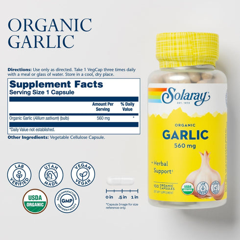 Solaray Organic Garlic Pills, 560 mg, Vegan, 100 Servings, Heart Health Support