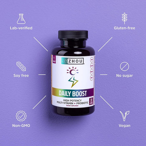 Zhou Nutrition Daily Boost Multivitamin with Probiotic, Zinc, Vitamin C, D3, B Complex - 60 servings