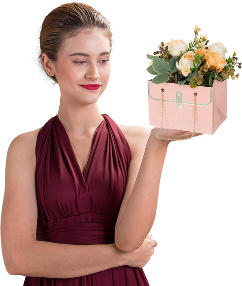 mekueeex 24 Pack Flower Paper Gift Bag, Bouquet Portable Flower Handbag Box with Metal Chain, Rectangle Wedding Gift