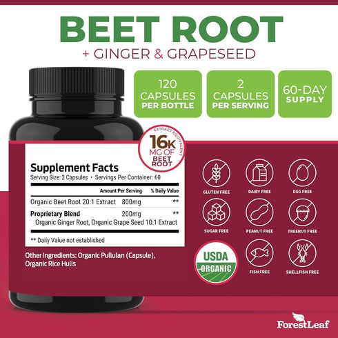 ForestLeaf Beet Root Capsules, 1000mg 20:1 Extract with Ginger and Grape Seed, Supports Blood Flow and Energy (120