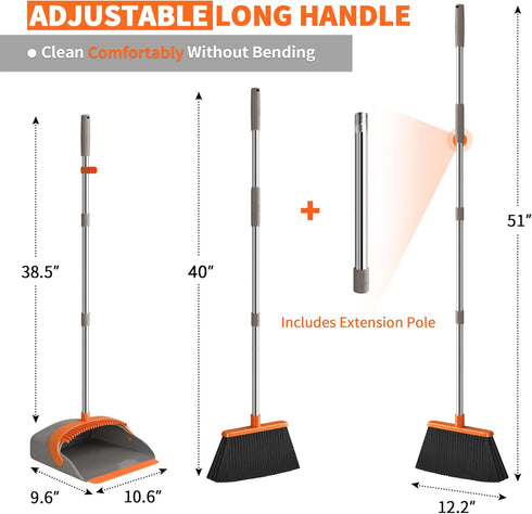 Set, 52" Upgraded Broom and Dustpan Long Handle Standing Combo with Self-Cleaning Teeth Perfect for Pet Hair, Kitchen