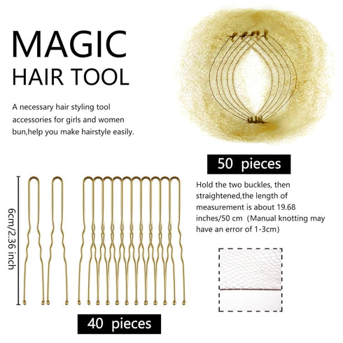 Zonon Bun Hair Nets, Invisible Elastic Edge Mesh and U Shaped Pins Set, 50Pcs for Ballet Bun Sleeping