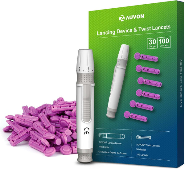 AUVON Lancing Device with Less Pain Design - Blood Sample Pen and Twist Top 100pcs 30 Gauge Lancets for Blood Sugar