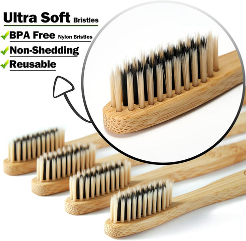 10 Count Bamboo Toothbrushes (Soft + Medium) - Charcoal Natural Wood Toothbrushes, Reusable