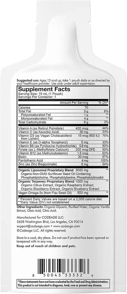 Codeage Multivitamins for Teens, Liquid Vitamin C, A, B6, B12, D3, E, Biotin, Zinc, Omega-3, Folate - Vegan, 30 Pouches