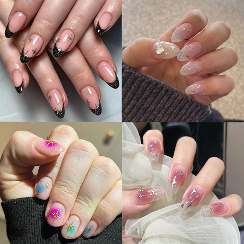 Star Nail Stickers for Nail Art 3D Glitter Starlight Self-Adhesive Decals 6 Pcs Laser Gold Silver Black White