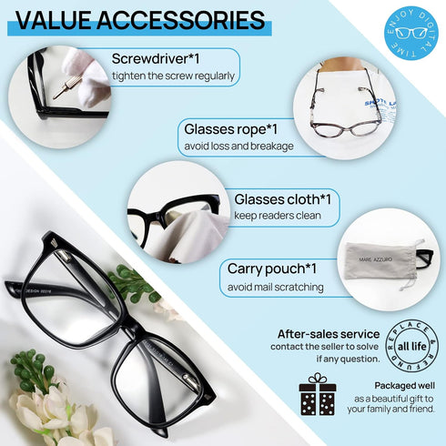MARE AZZURO Computer Reading Glasses for Women - Blue Blocking Screen Light Readers, Various Strengths (Black, 150)