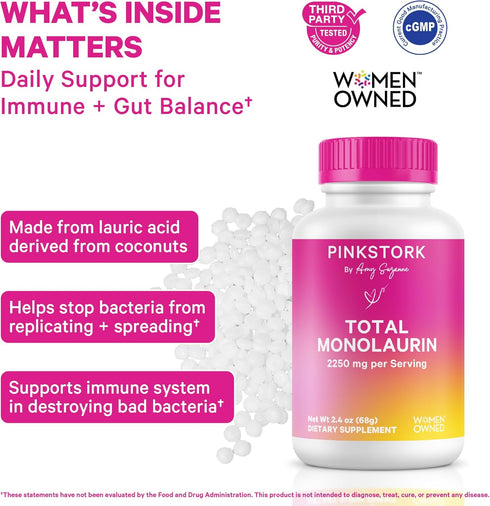 Immune 226g 75 Pink Stork Monolaurin Pellets Vegan Lauric Acid & Gut Support for Women Microbial Balance, Digestive