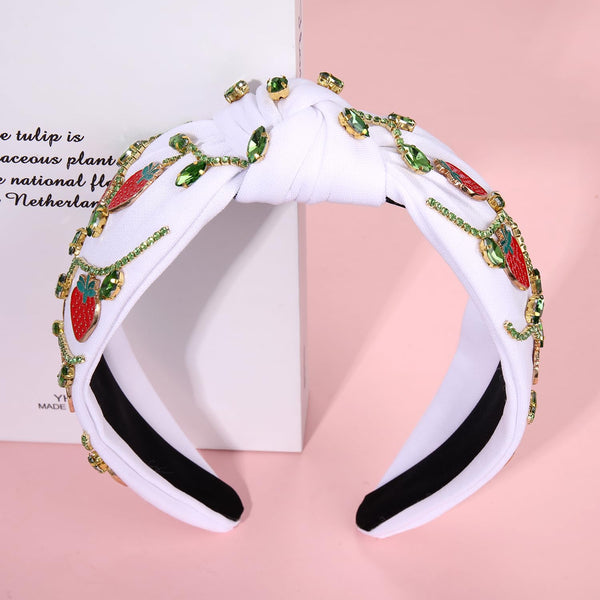 NVENF Strawberry Headbands, Jeweled Rhinestone Knotted Headband for Women, Tropical Beach Accessory (Strawberry A-White)