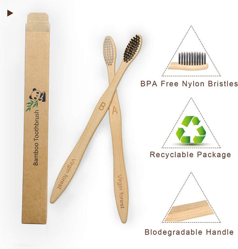 Virgin Forest Bamboo Toothbrushes, Eco Friendly BPA Free Soft Bristles, Biodegradable Natural Wooden Toothbrushes, Set