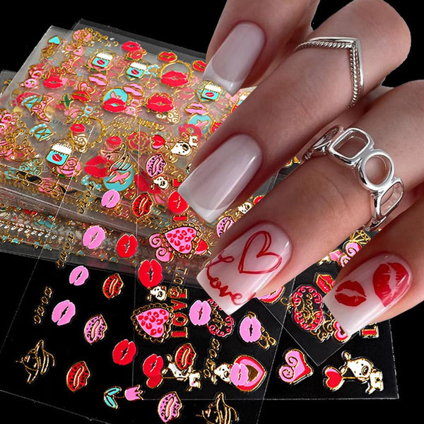Lips Nail Stickers for Valentine's Day, 3D Gold Nail Decals Foils for Heart Red Lip Self-Adhesive Nail Design