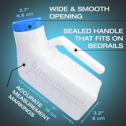 Tilcare Urinals for Men Glow in The Dark Lid (2 Pack) - 32oz/1000mL Thick Plastic Bedpan Bottle with Screw-on Lid