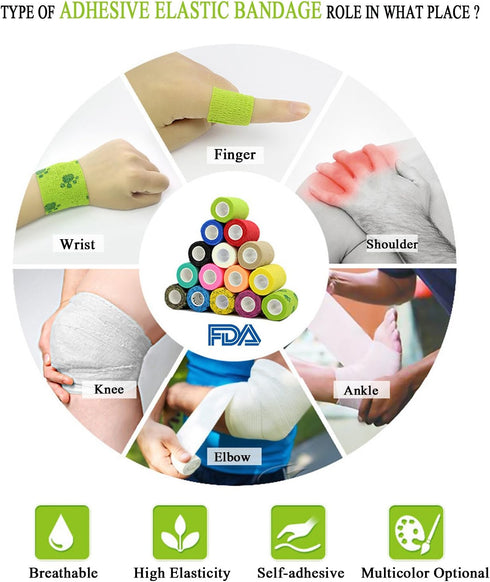 Vet Wrap Medical Tape, 1 inch x 12 Pack, White Self-Adhering Bandage Fabric, Waterproof Wrap