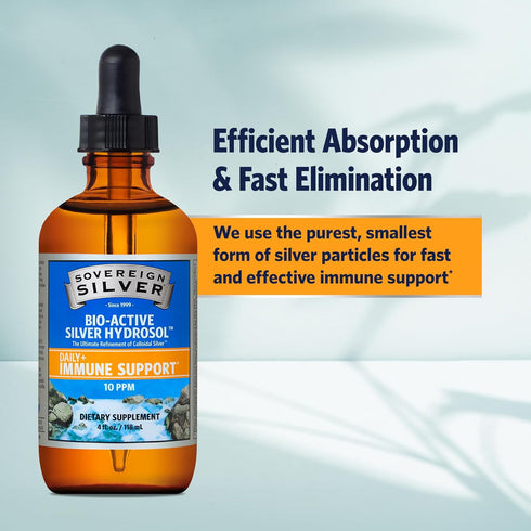 Sovereign Silver Immune Support - 10 ppm Colloidal Silver Liquid Dropper, 4 Fl Oz (118 mL), Bio-Active Hydrosol