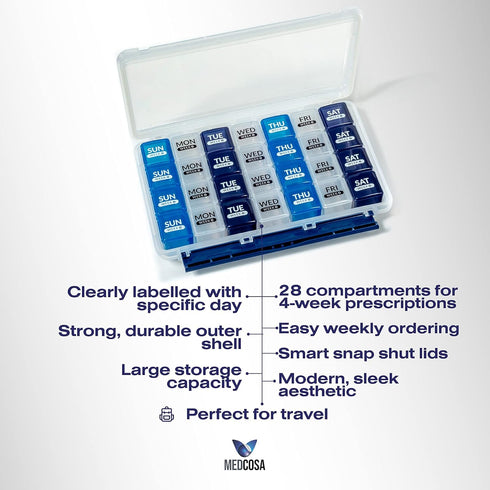 Medcosa 28 Days Pill Case, Daily Medicine Organizer with 28 Compartments, Supplement Box