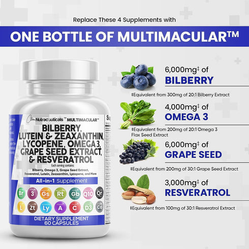 Eye Health Vitamins with Bilberry 6000mg, Lutein & Zeaxanthin 40mg, Omega 3 4000mg - 60 Capsules