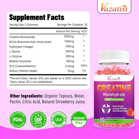 Creatine Monohydrate Gummies 5g for Women & Men, 60 Count | Sugar Free Vegan Supplement, Natural Strawberry Flavor