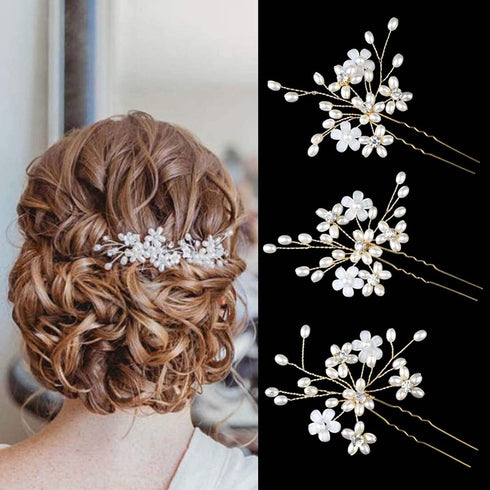 Wedding Hair Pins (3 Pcs) - Elegant Pearl Floral Crystal Hair Accessories for Bridal Women (Gold)