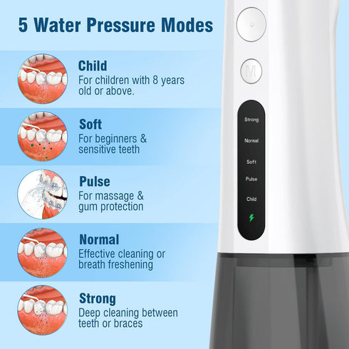 Water Dental Flosser Cordless for Teeth - QFBUDR 5 Modes Dental Oral Irrigator, Portable Rechargeable IPX7 Waterproof Water Teeth Cleaner Picks for Home Travel