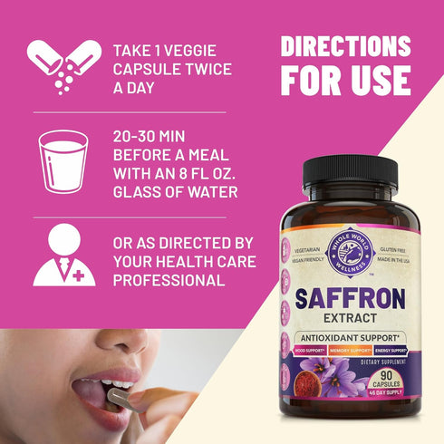 Natural Saffron Mood Supplements for Adults, 88.50 mg Pure Saffron Extract for Mood and Memory Support, 45-Day Supply
