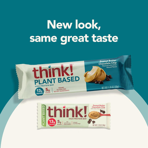 think! Vegan High Protein Bars, Peanut Butter Chocolate Chip, 13g Protein, 10 Count, Non-GMO, No Artificial Sweeteners