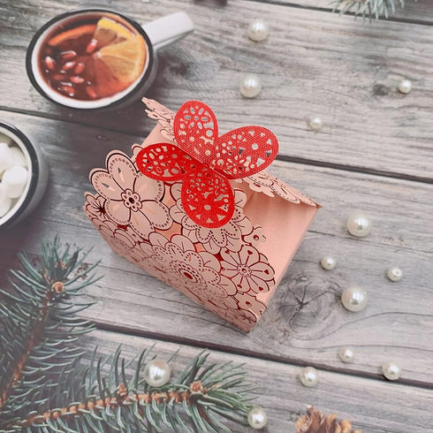 Party Favor Boxes - Flower Butterfly Candy Boxes, Laser Cut Pink Gift Boxes for Wedding, Bridal Shower, Birthday Party