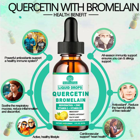 Quercetin with Bromelain Liquid Drops - 1000mg Quercetin & 500mg Bromelain, 7-in-1 Immune Complex for Respiratory Health