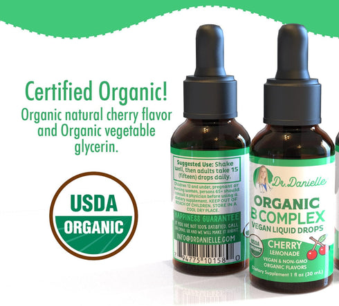 Organic Vitamin B Complex Liquid Drops, 1oz - B Vitamins Supplement with B3, B6, B7, B9 & Methyl B12 for Adults & Kids,