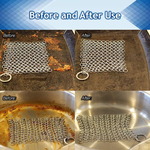 Washieldz Stainless-Steel Cast Iron Skillet Cleaner, Premium Chainmail Scrubber with Hanging Ring 6"x8" Square (Pack of